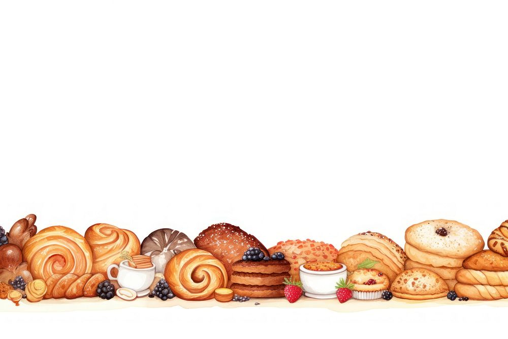 Bakery line horizontal border bread food white background.