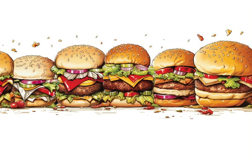 Burger line horizontal border food hamburger vegetable.