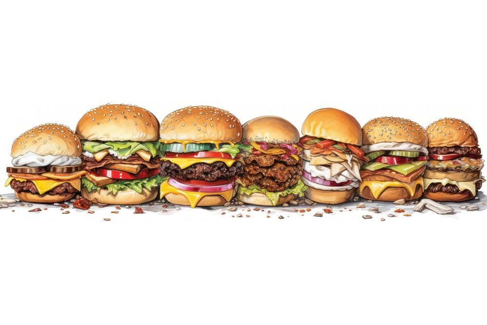 Burger line horizontal border food white background hamburger.