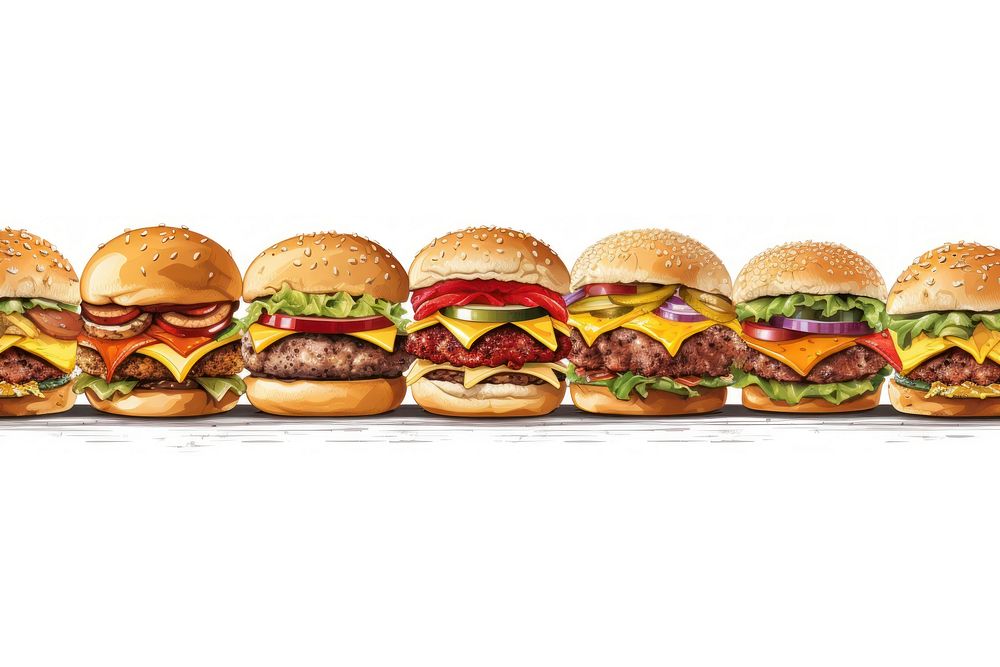 Burger line horizontal border food white background arrangement.