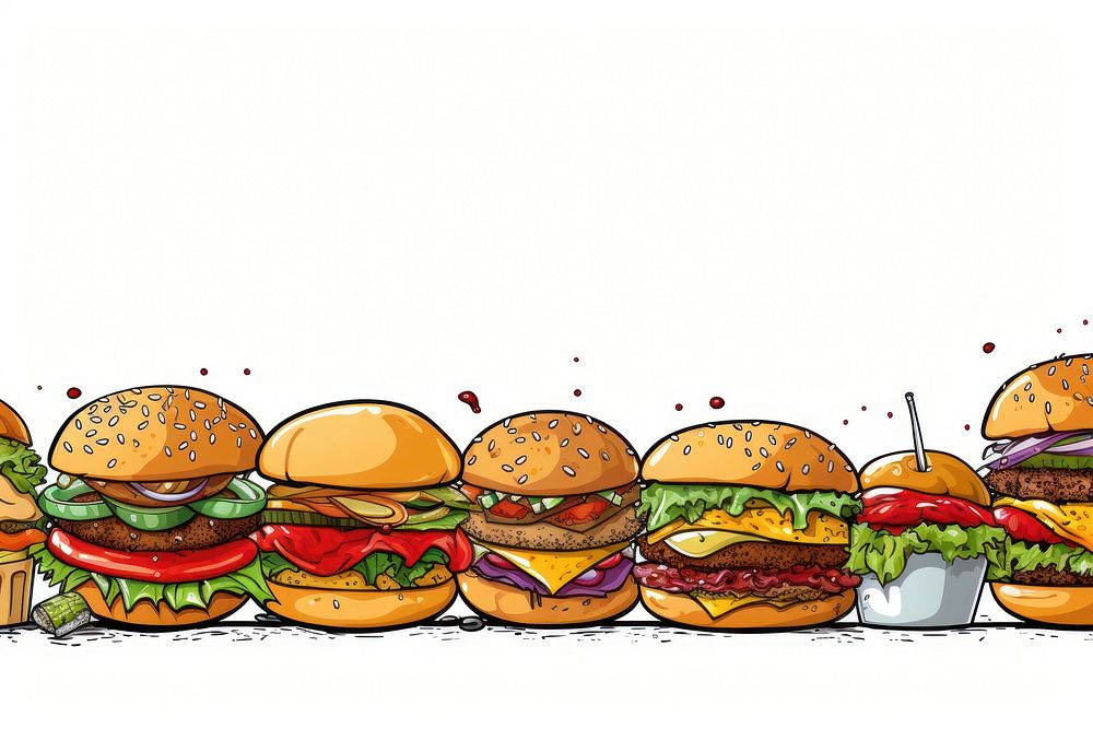 Burger line horizontal border food meal hamburger.