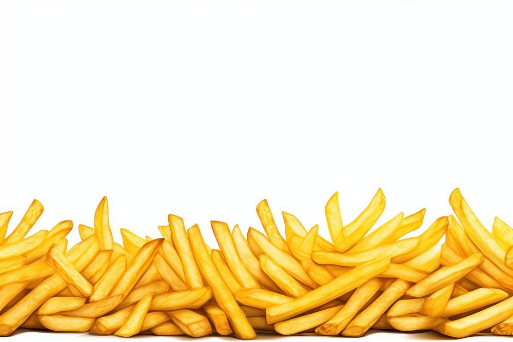 French fries line horizontal border food white background copy space.