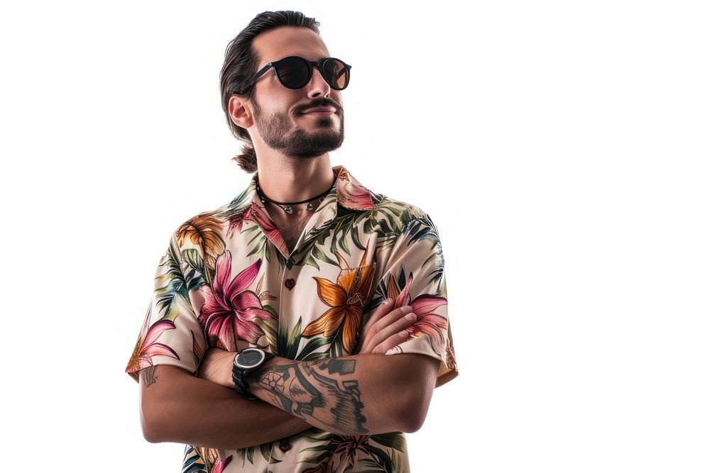 Man wear Hawaiian shirt sleeve adult white background.
