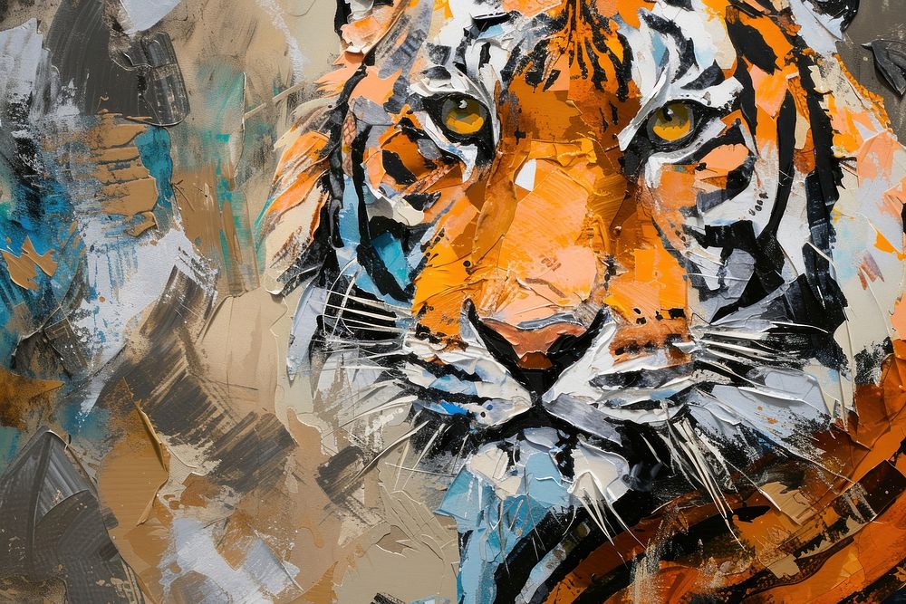 Abstract tiger ripped paper art wildlife painting.