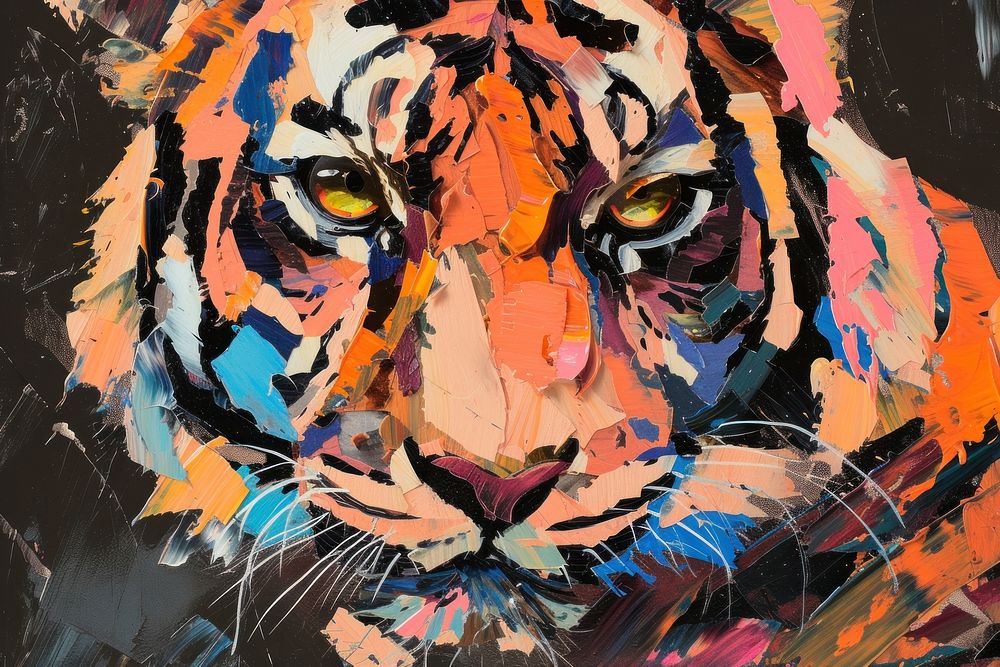 Abstract tiger ripped paper art painting animal.
