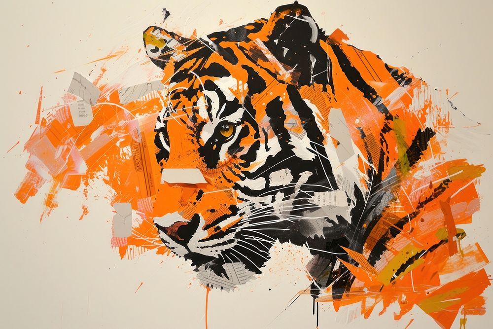 Abstract tiger ripped paper art painting collage.