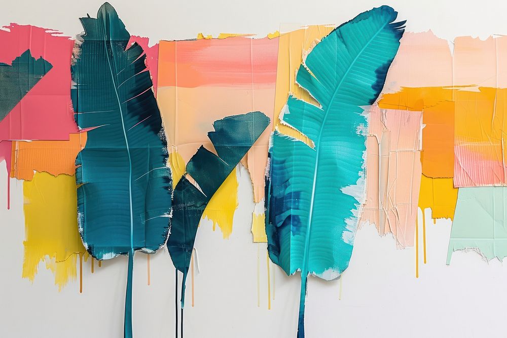 Abstract tropical leaf ripped paper art painting creativity.
