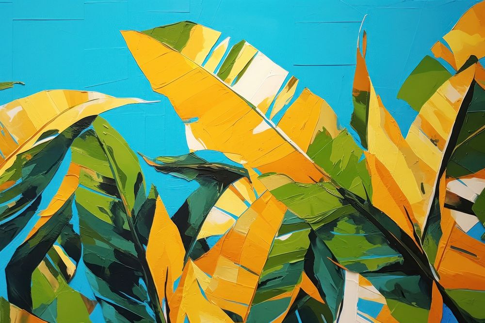 Abstract tropical leaf ripped paper art painting outdoors.