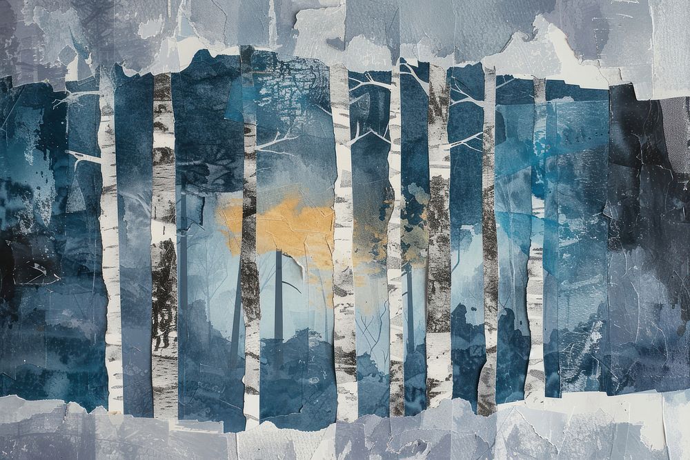 Abstract winter forest ripped paper art painting backgrounds.