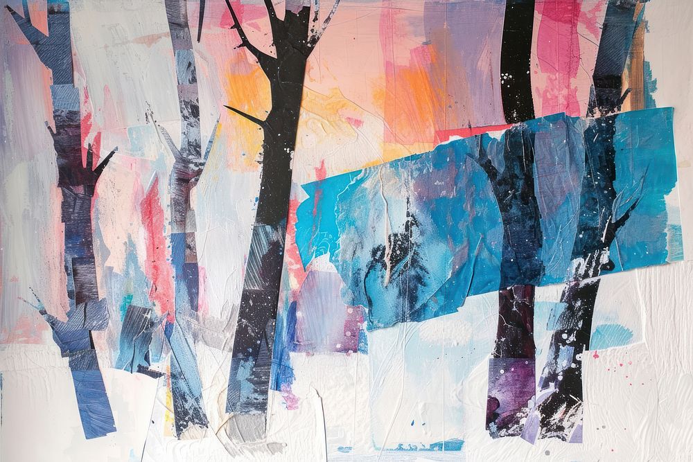 Abstract winter ripped paper art painting tranquility.
