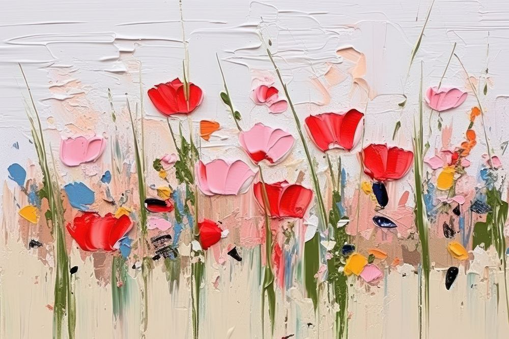 Abstract wildflowers on meadow ripped paper art painting petal.