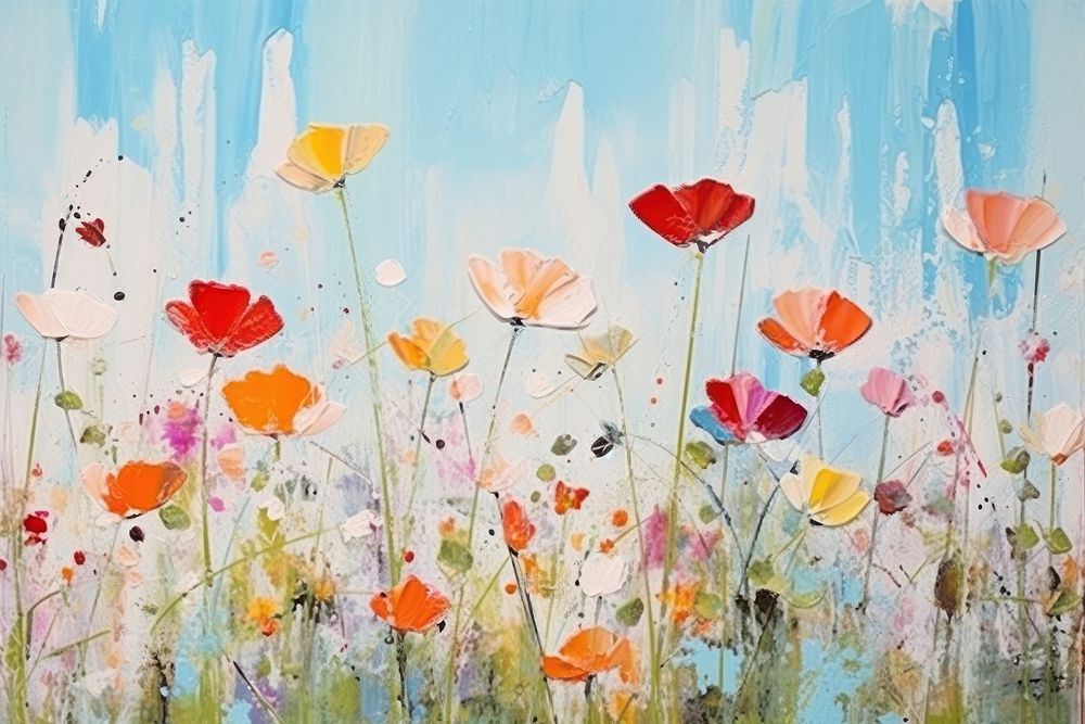 Abstract wildflowers on meadow ripped paper art painting outdoors.