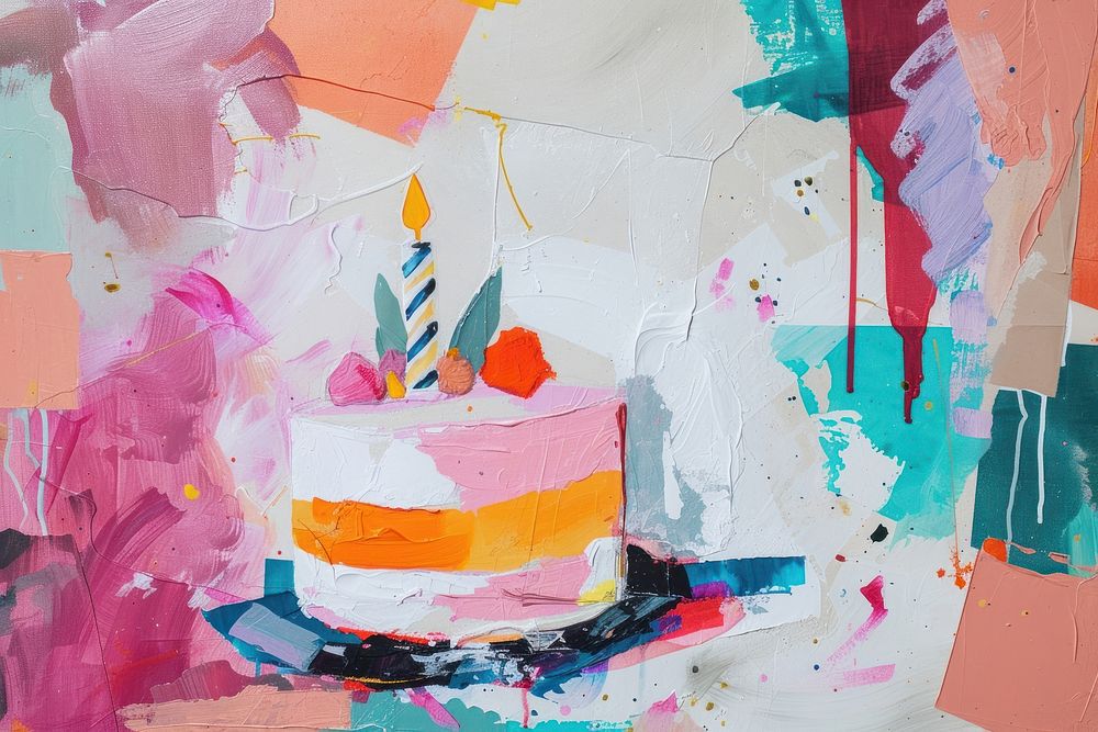 Abstract birthday cake ripped paper art painting collage.