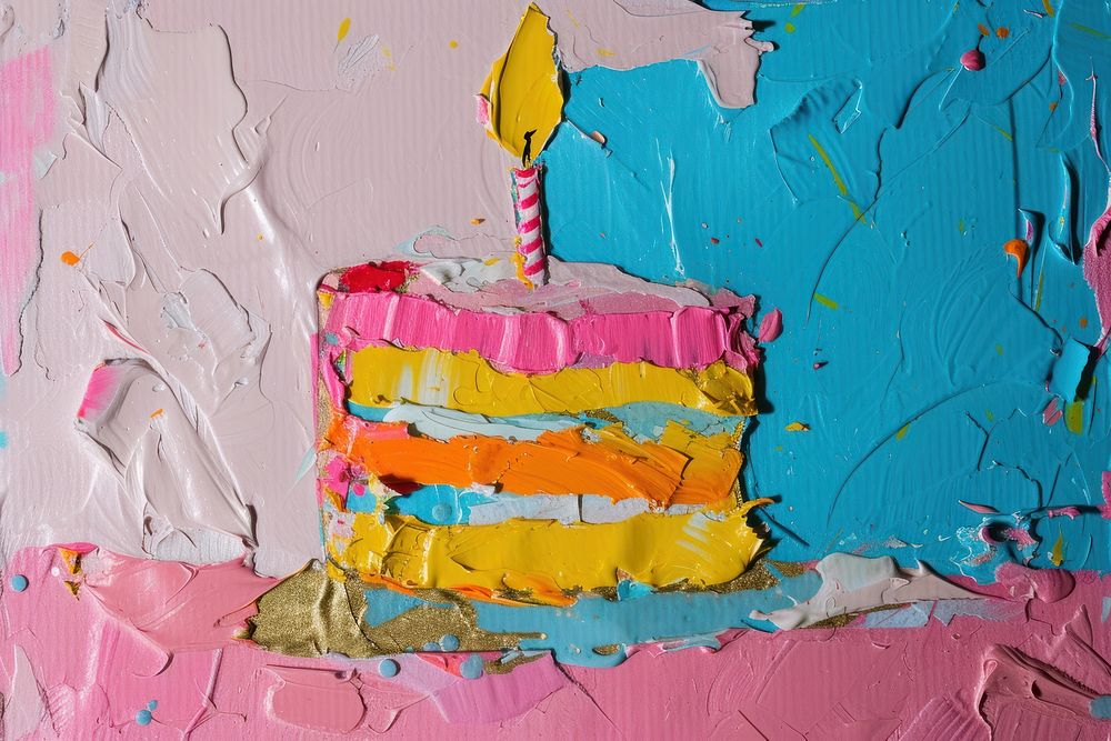 Abstract birthday cake ripped paper dessert food art.