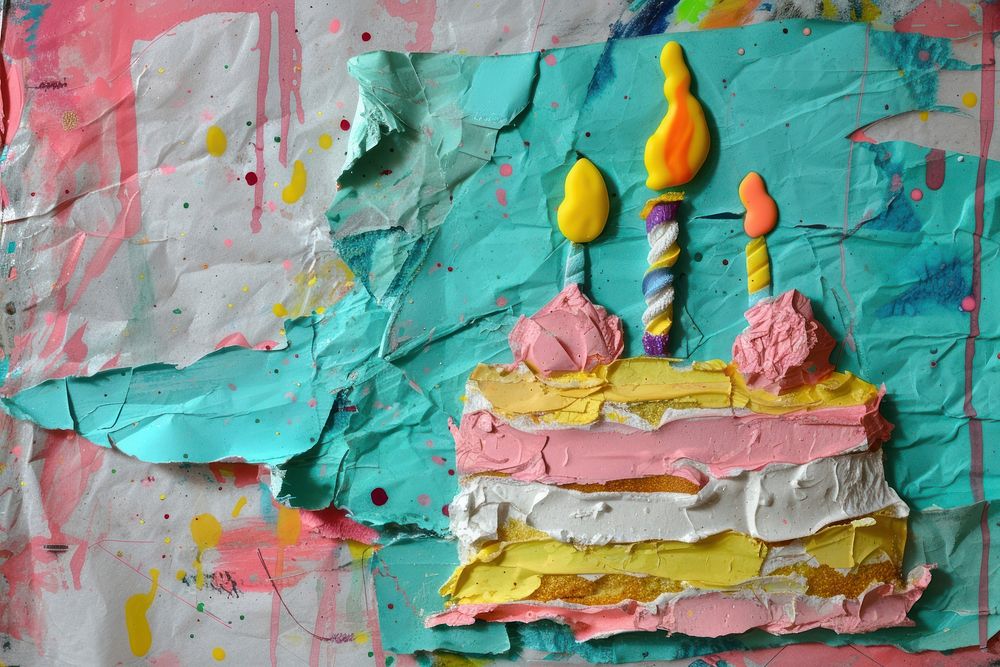 Abstract birthday cake ripped paper art painting dessert.