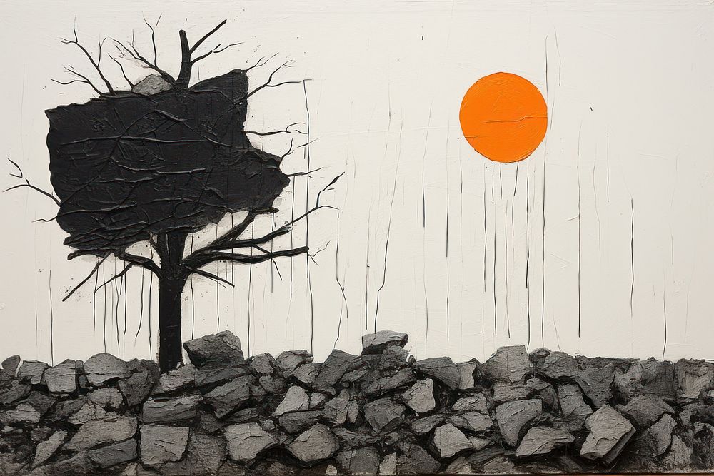Abstract black and orange tree ripped paper art architecture outdoors.