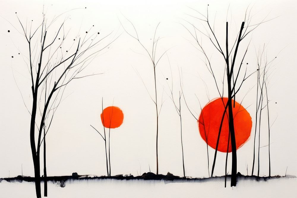 Abstract black and orange tree ripped paper outdoors painting nature.