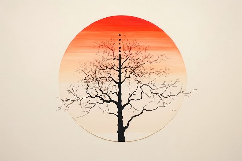 Abstract black and orange tree with sunset ripped paper art nature plant.