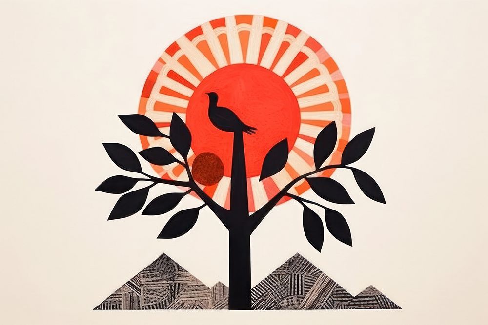 Abstract black and orange tree with sunset ripped paper art bird calligraphy.