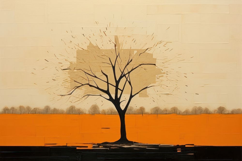 Abstract black and orange tree ripped paper art painting plant.