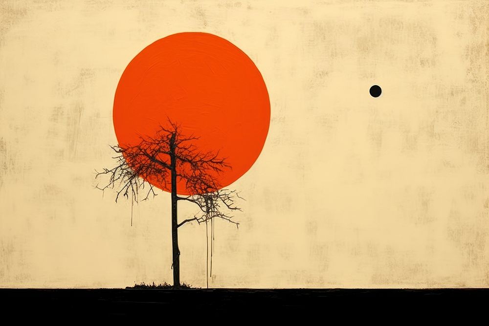Abstract black and orange tree with sunset ripped paper outdoors painting nature.