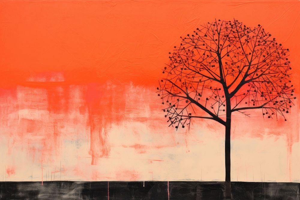 Abstract black and orange tree with sunset ripped paper art painting plant.