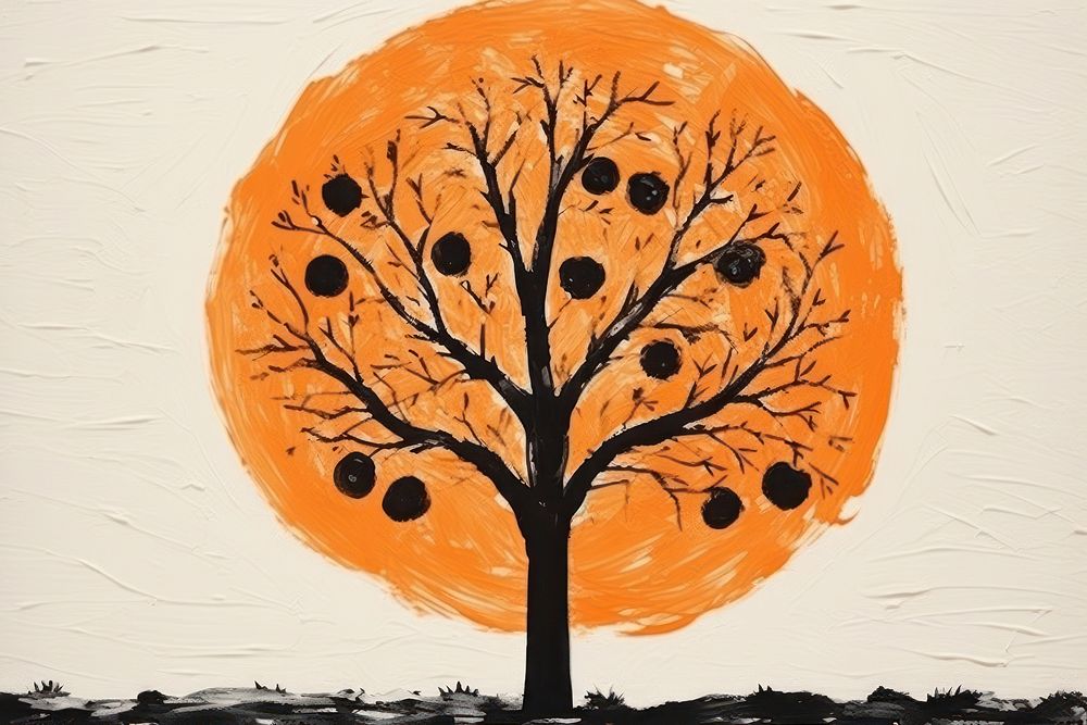 Abstract black and orange tree ripped paper parallel art painting drawing.
