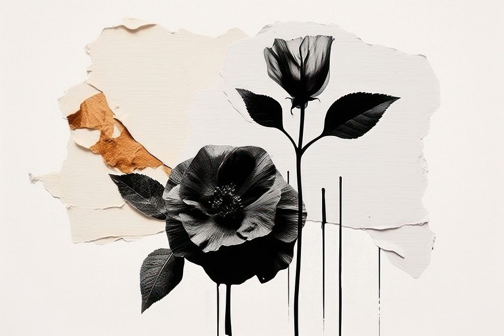 Abstract black flowers ripped paper art drawing sketch.