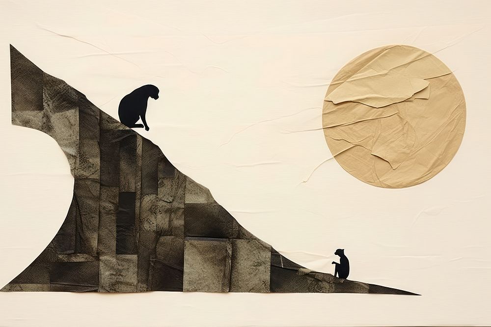 Abstract brown monkey ripped paper art silhouette creativity.