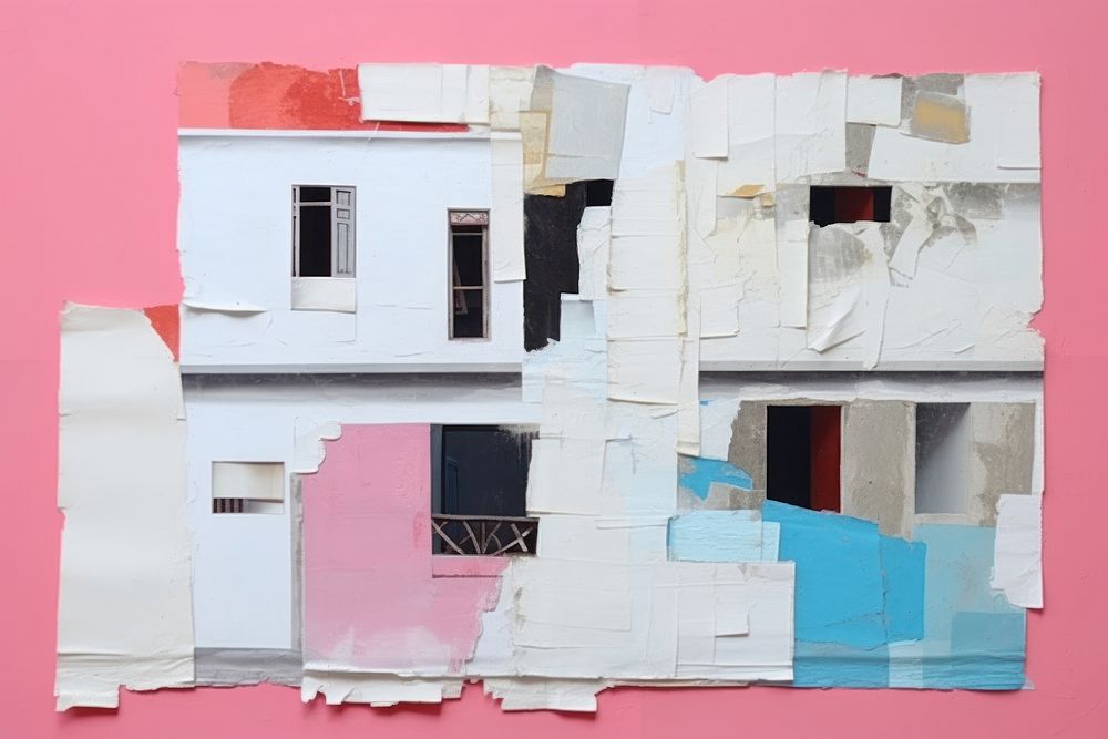 Abstract building ripped paper collage art architecture.