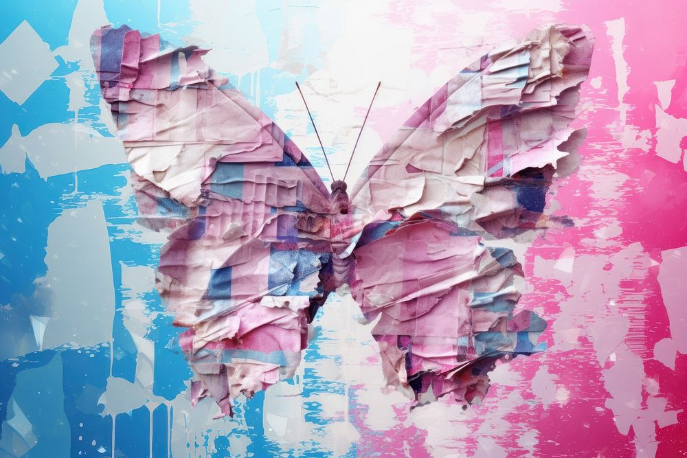 Abstract butterfly ripped paper parallel glitch effect art painting collage.