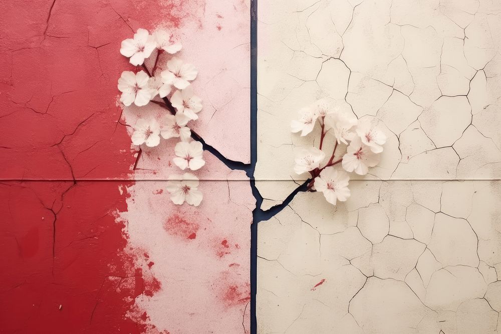 Abstract cherry blossom ripped paper parallel oil texture flower petal wall.