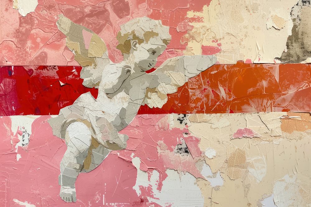 Abstract cupid ripped paper art painting collage.