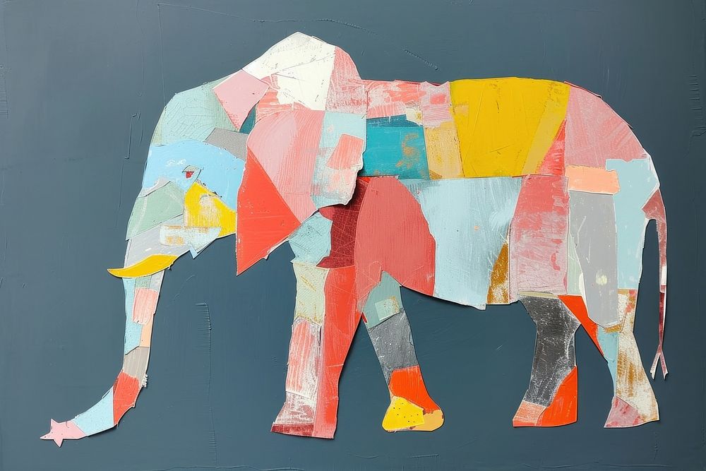 Abstract elephant ripped paper art painting animal.