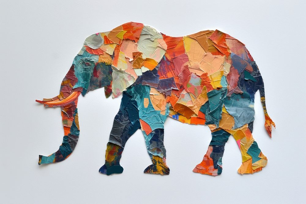 Abstract elephant ripped paper art wildlife painting.
