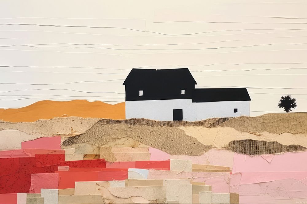 Abstract farm countryside ripped paper art architecture building.