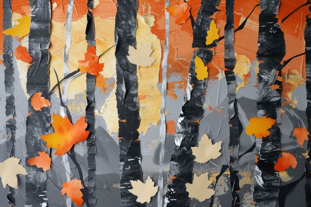Abstract forest autumn ripped paper art painting plant.