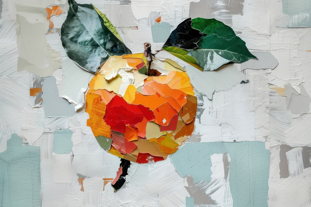 Abstract fruit ripped paper collage art painting.