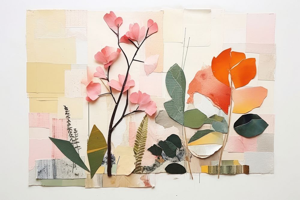 Abstract garden ripped paper collage art painting.