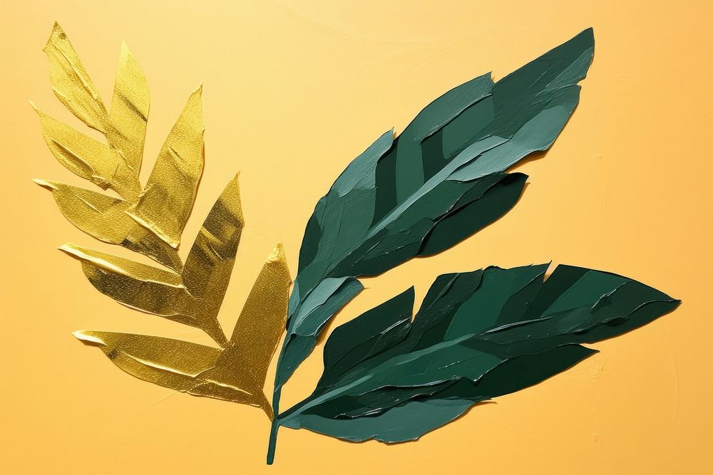 Abstract golden plant ripped paper art leaf branch.