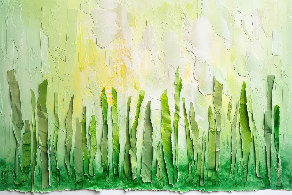 Abstract grass ripped paper art painting green.