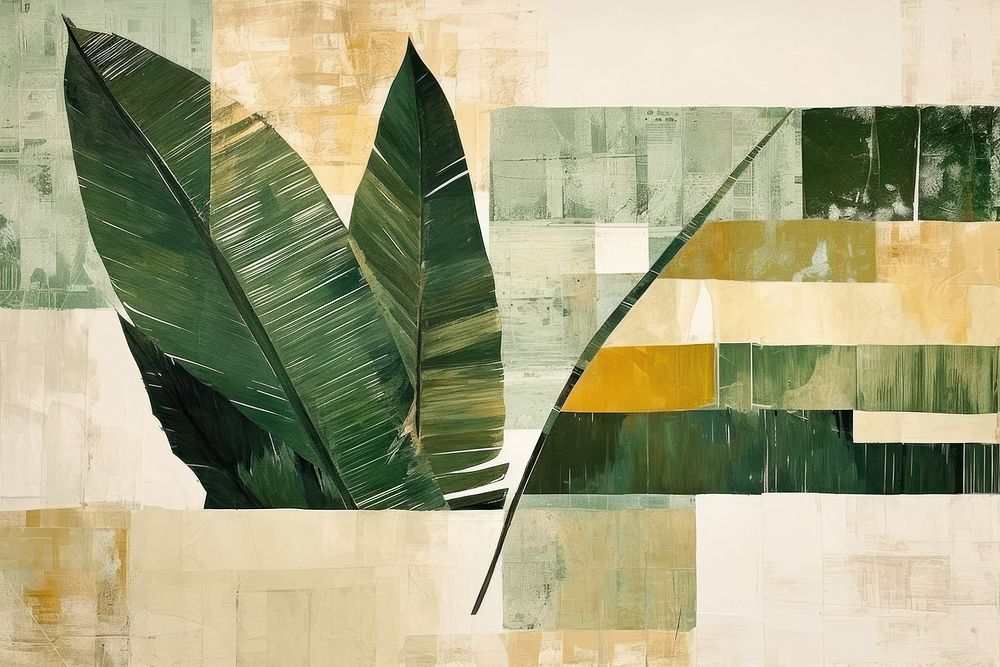 Abstract green tropical leaf ripped paper art painting plant.