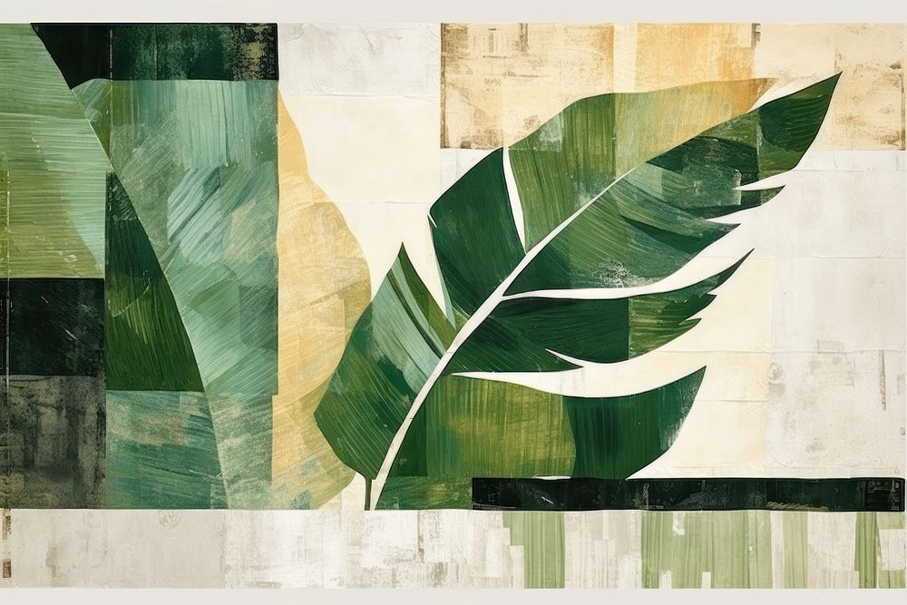 Abstract green tropical leaf ripped paper art painting collage.