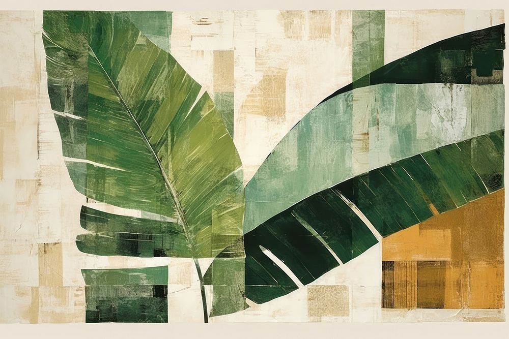 Abstract green tropical leaf ripped paper art painting collage.