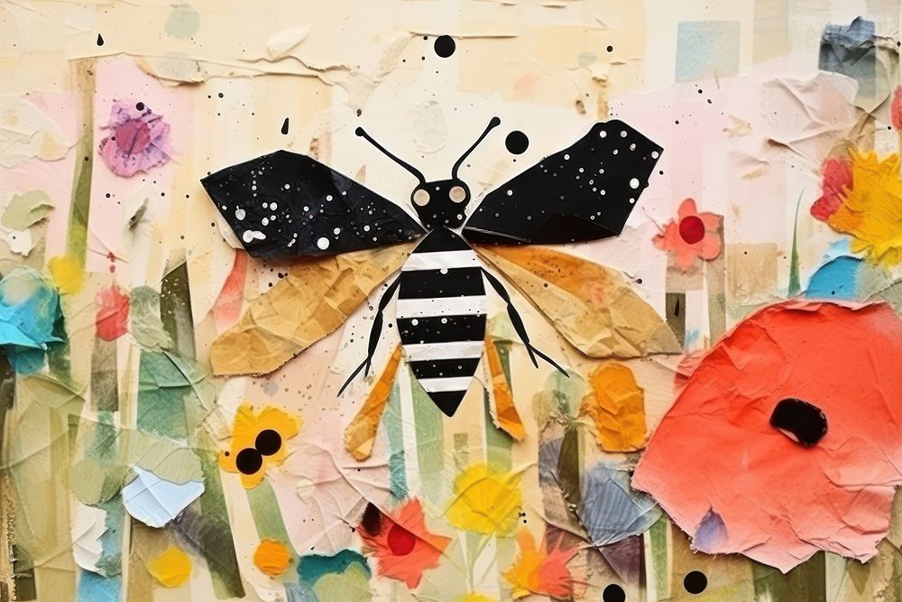 Abstract insect in flower garden ripped paper collage art butterfly.