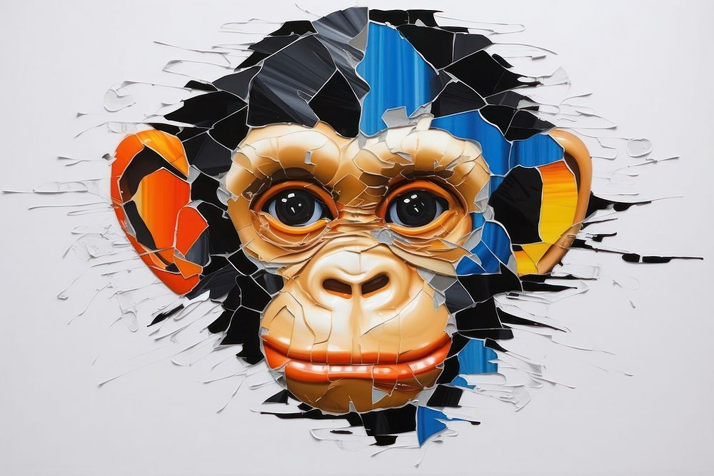 Abstract iridescent monkey ripped paper marble effect art wildlife animal.