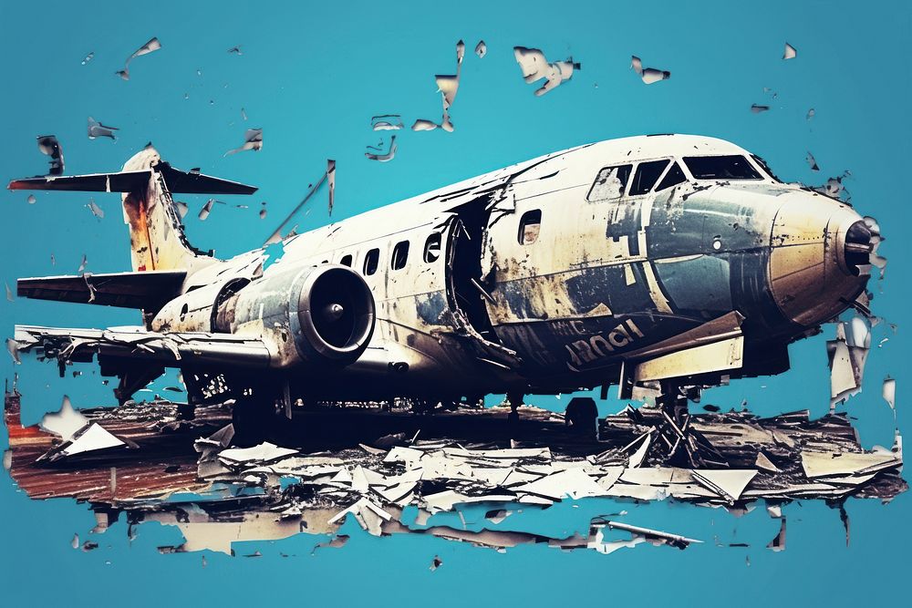 Abstract iridescent airplane ripped paper parallel glitch effect aircraft vehicle transportation.