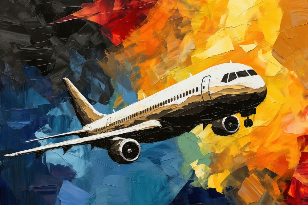 Abstract iridescent airplane ripped paper marble effect aircraft airliner painting.