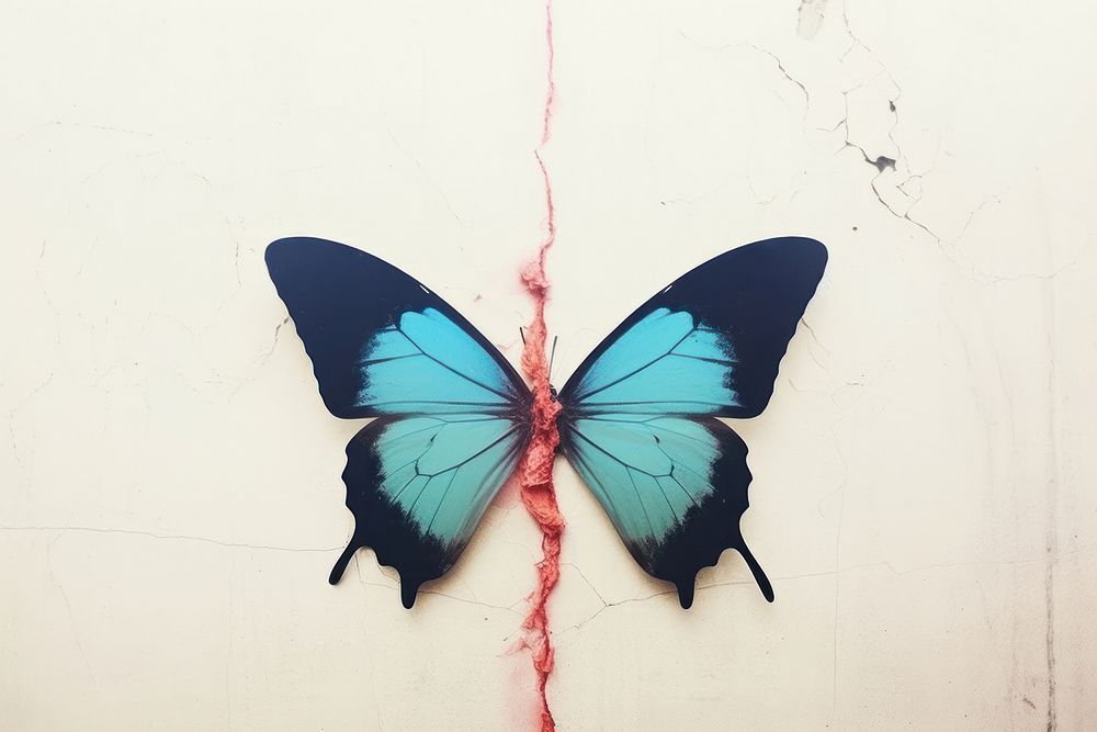 Abstract iridescent butterfly ripped paper parallel effect animal insect wall.