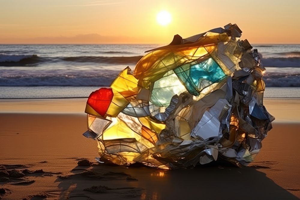 Abstract iridescent beach ripped paper marble effect tranquility reflection sunlight.